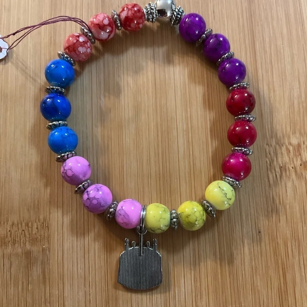 Hand Crafted Charm Bracelet Happy Birthday Pink Blue Yellow Red Amethyst Silver